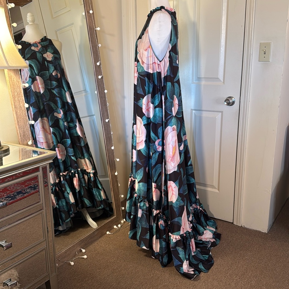Mac Duggal Teal Floral Maxi Dress with Pink and White Blooms - Picture 8 of 14